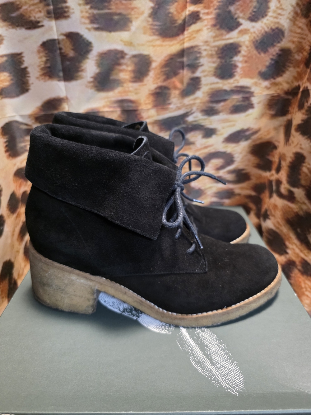 Roots Black Suede Lace-Up Folded Cuff Crepe Ankle Booties-Size 7.5/37.5